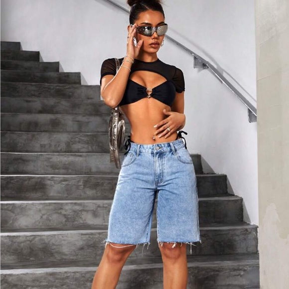 Raw Hem Y2K Knee-Length Jean Bermuda Shorts - Picture 4 of 7